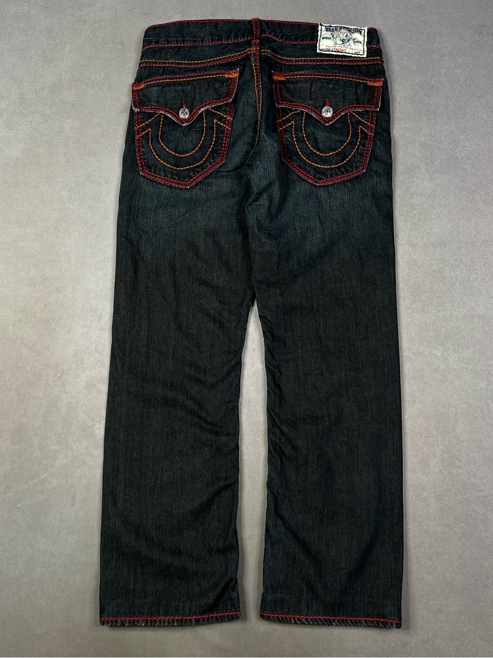 True Religion Men's Black Jeans with Red & Orange Stitching